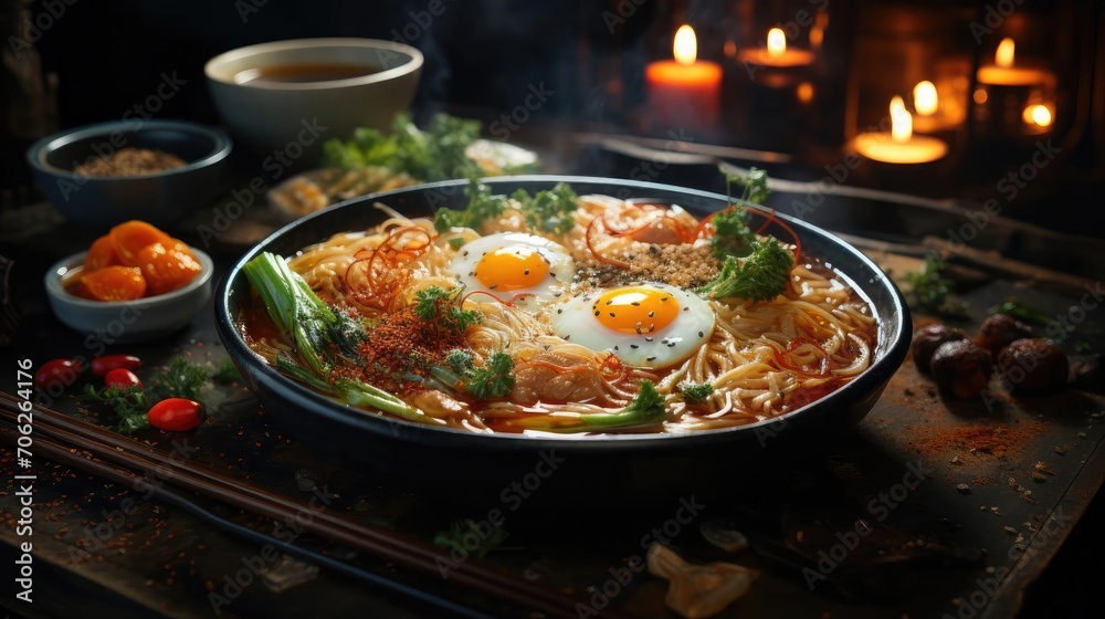 Delicious ramen noodles with egg topping on top, blur background