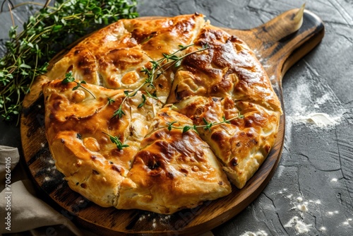 Khachapuri with cheese and thyme on a wooden board photo