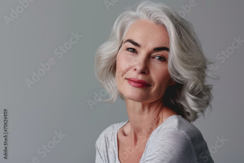 Portrait of beautiful mature woman with grey hair looking at camera.