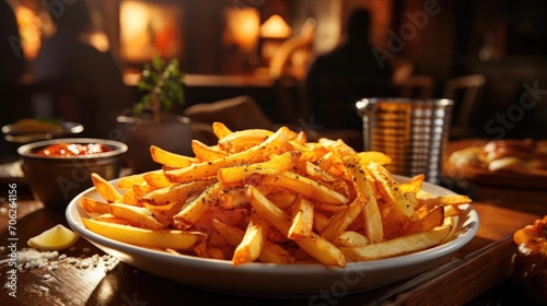 Delicious French fries, crunchy, salty, tasty, with blur background