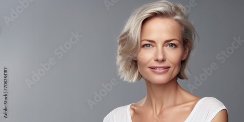 Portrait of a beautiful forty year old blonde woman with short hair. Studio shot.