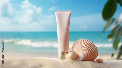 Body lotion on summer beach and beautiful seashells on sand, cosmetic product template mockup, Space for text