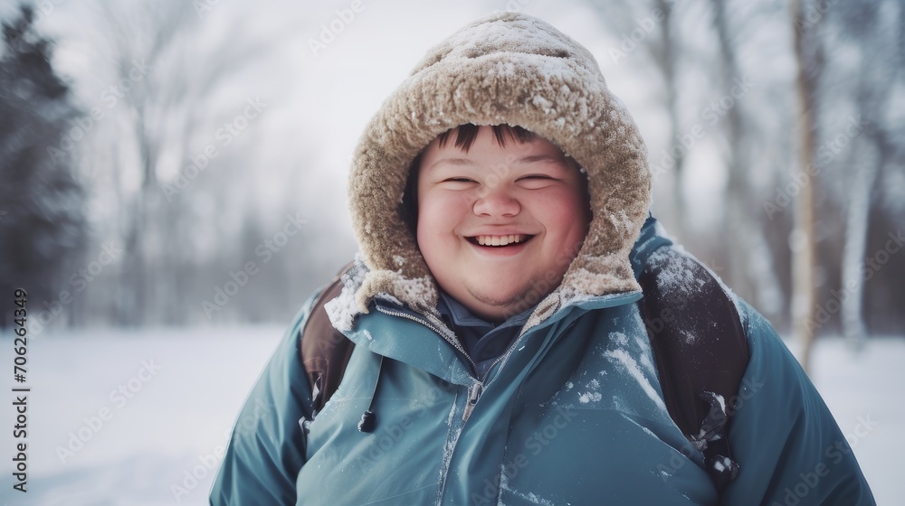 Portrait of a young, handsome, smiling and happy guy with Down syndrome against the backdrop of a winter snowy landscape. Portrait of a young, handsome, smiling and happy guy with Down syndrome against the backdrop of a winter snowy landscape.