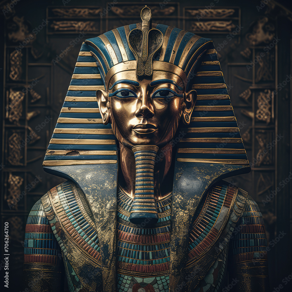 Golden statue of ancient egyptian pharaoh at city temple  - obrazy, fototapety, plakaty 