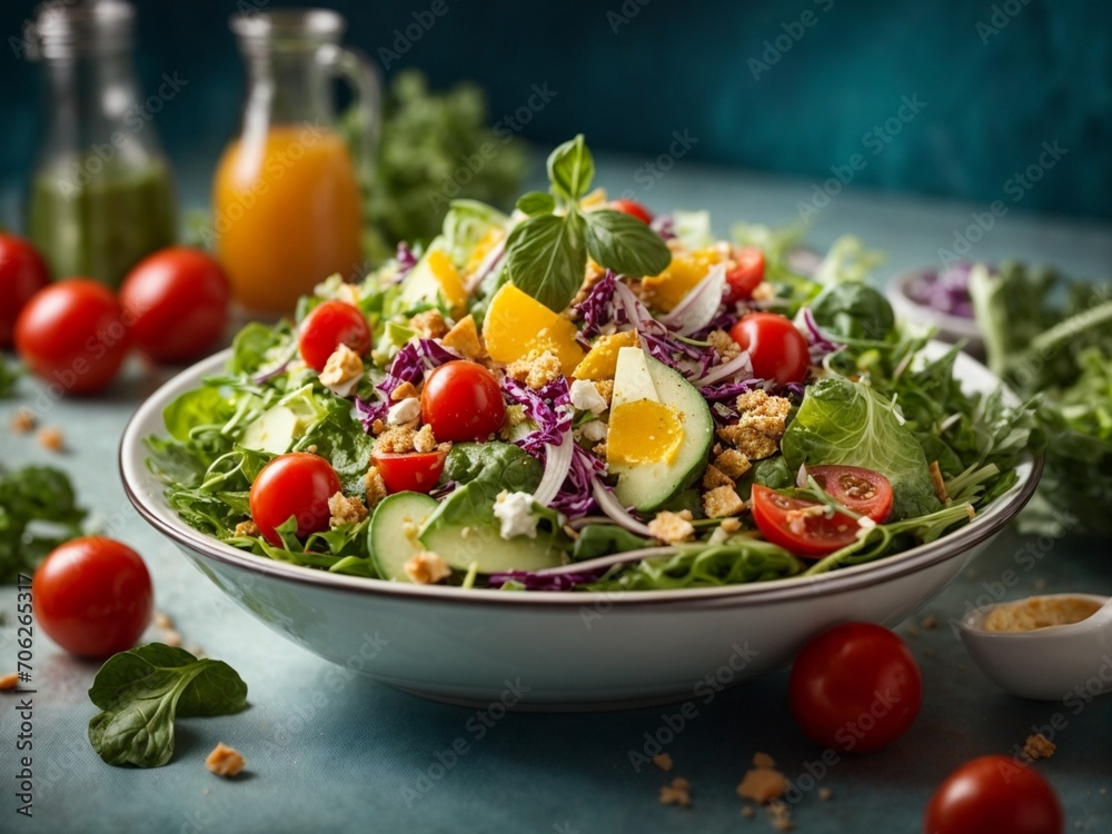 Delicious healthy salad in cinematic view, studio lighting and background, food photography