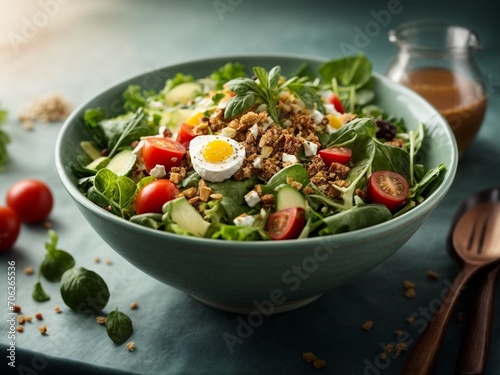 Delicious healthy salad in cinematic view, studio lighting and background, food photography