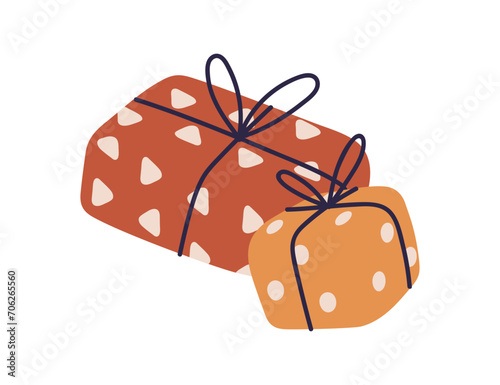 Holiday gifts wrapped in festive paper. Two present boxes in printed wrapping, tied with string, bow. Decorated Christmas and birthday surprises. Flat vector illustration isolated on white background