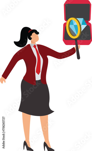 Businesswoman looking for diamonds with magnifying glass