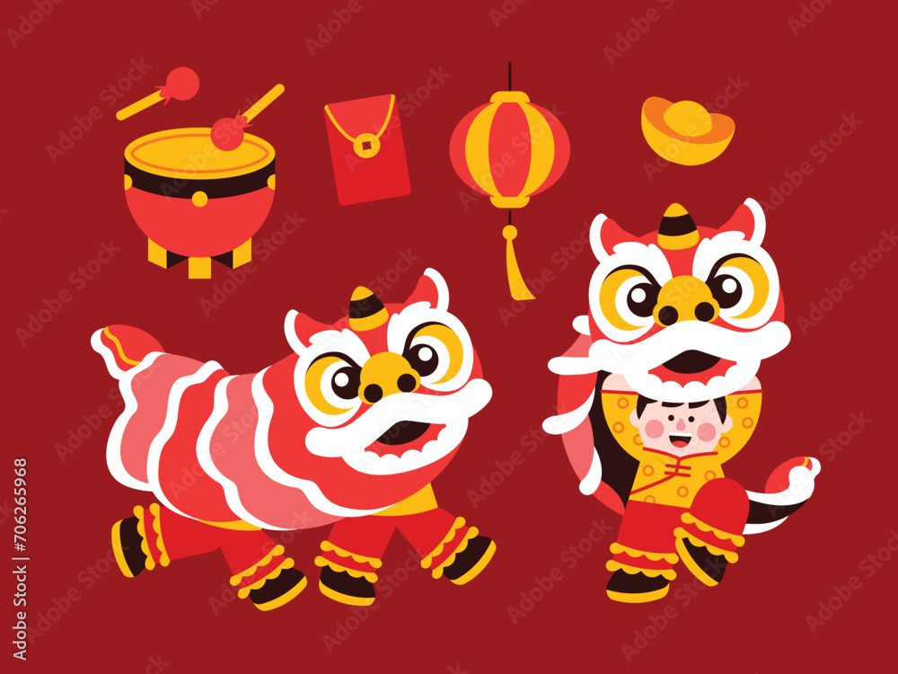 Fototapeta premium Lion dance, chinese new year elements in modern minimalist geometric style. Colorful illustration in flat vector cartoon style. Cute chinese lion costume on red isolated background. Lantern, gold