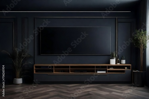 modern living room with tv cabinet on dark wall © Aqsa