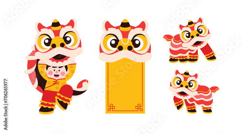 Lion dance, chinese new year elements in modern minimalist geometric style. Colorful illustration in flat vector cartoon style. Cute chinese lion costume on white isolated background.
