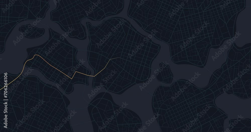 Main road throughout map. Navigation to poi. Simple scheme of city. Generic city map with signs of streets, roads, house. Abstract navigation plan.