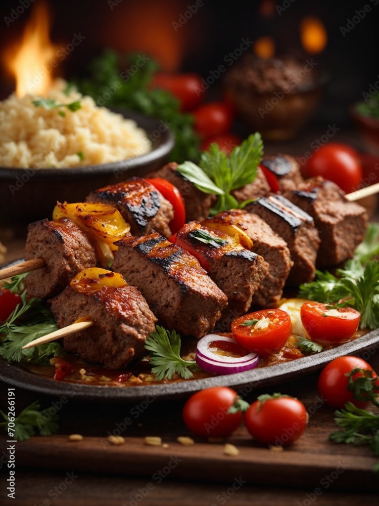 Shish kebab famous food in cinematic view, studio lighting and background, food photography Shish kebab famous food in cinematic view, studio lighting and background, food photography