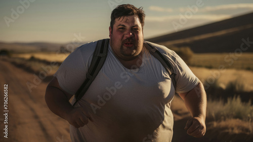 Plus size man, tired and running for exercise, fitness and training for weightloss, diet and outdoor wellness. Fatigue, person and workout for healthy challenge, sports and losing weight cardio