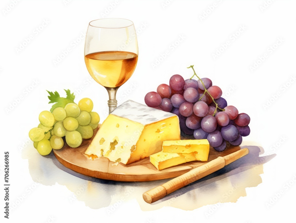 Delicious Cheese and Grapes with Wine on White Background AI Generated