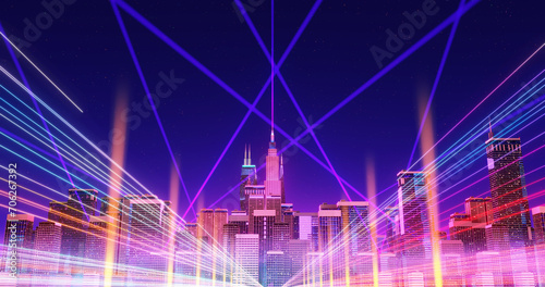 Futuristic cyber city with light trail on road. Concept city, downtown district, town at night with bright neon lights. 3d rendering background.
