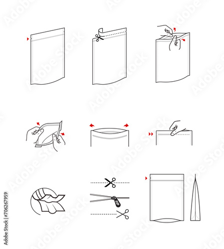 A set of icons for zippers and scissors. Set for package, shows the place of opening. Vector elements. Ready and simple to use for your design. EPS10.
