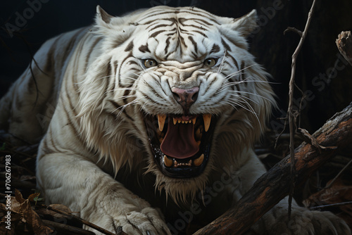 Close-up view of a white tiger with an evil grin and jungle, explosive wildlife