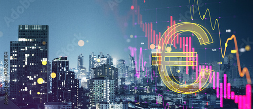 Abstract falling forex chart arrow and euro icon on blurry wide night city background. Financial crisis, trade and recession concept. Double exposure. photo