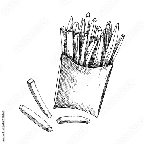 French fries in paper bag sketch. Hand-drawn vector illustration. Vintage fast food drawing. Food delivery design element. Take away box package