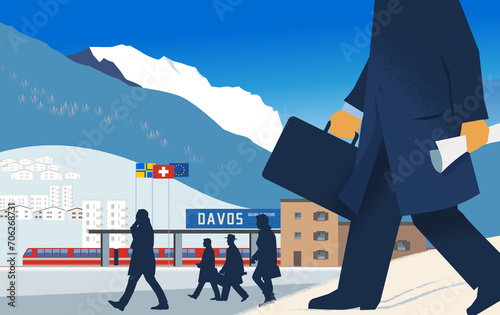 Businessmen go to the annual meeting of the World Economic Forum in Davos in Switzerland