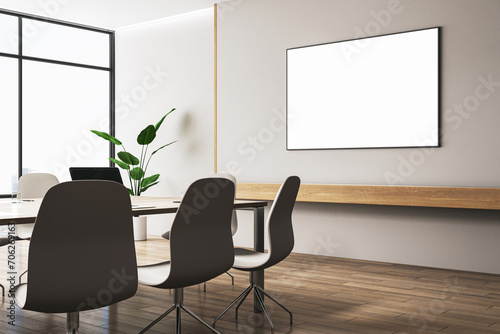 Modern conference room interior with empty white mock up poster on wall, wooden flooring, negotiations furniture and panoramic window with city view. 3D Rendering.