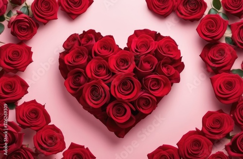 Red roses are laid out in the shape of a heart. Symbol of Love  Greeting Card  Valentine s Day  February 14