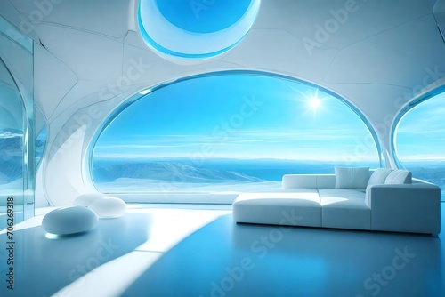illustration of futuristic modern cave house with white interior seat and transparent glass ball on blue sky in bright daylight