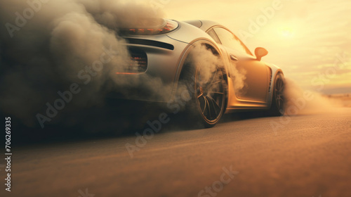 A luxury sports car races on a road, emitting a cloud of dust against a sunset backdrop. photo