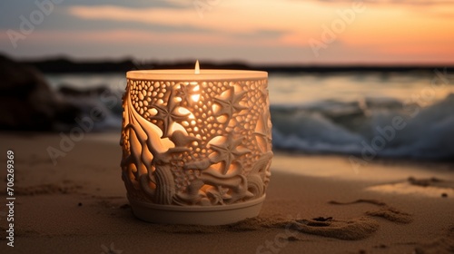 a sand-made candle holder, featuring a sturdy base and delicate carvings, adding a touch of seaside serenity to home ambiance when illuminated.