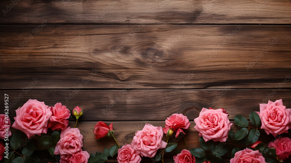 Valentine background of red roses on wood. space for copy, generative ai Valentine background of red roses on wood. space for copy, generative ai