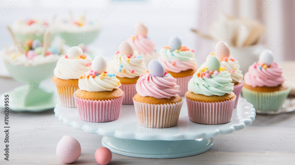 Delicate miniature Easter cupcakes with pastel icing and toppings Delicate miniature Easter cupcakes with pastel icing and toppings