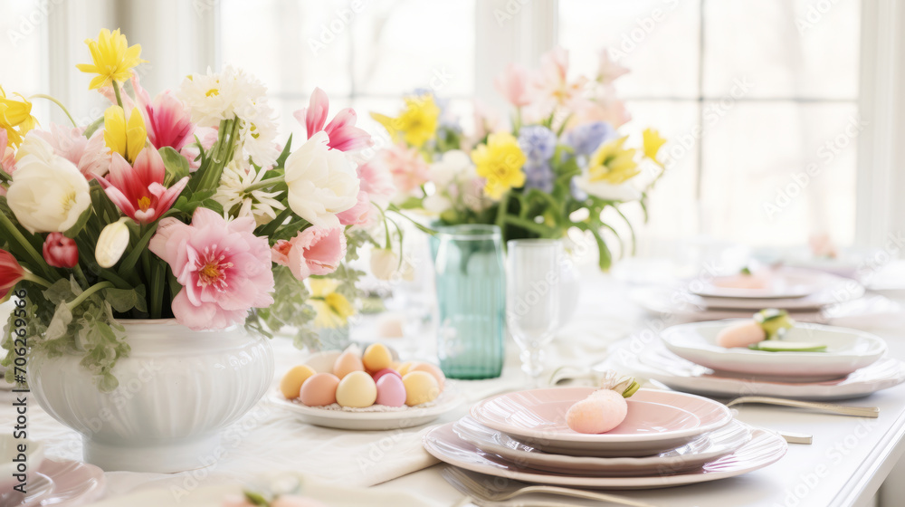 Easter table setting with lavish spring flower bouquets
