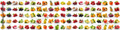 Panorama of many fresh fruits on white backgrounds