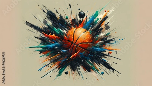 Modern artwork depicting an orange basketball colliding with black, blue, and green colors, splattering across the canvas