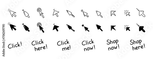 Doodle click here button set. Different mouse cursors with lettering for website or computer application, hand drawn vector arrow pointer