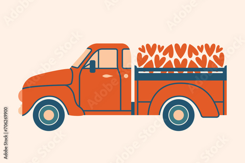 Red pickup truck with hearts. Special delivery of love. Banner, card for a Saint Valentine Day. Vector illustration in flat style. Cute clip art with car, vehicle, transport to romantic holidays.