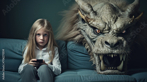 A young girl engrossed in her smartphone is unaware of the menacing monster sneaking up behind her on the couch. © red_orange_stock