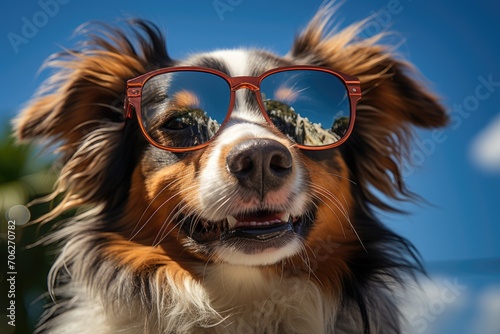 Funny cute dog with sunglasses against the blue sky in summer looks at the camera. Vacation concept © Irina Mikhailichenko