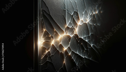A Broken of technology with cracked glass on black background. Digital blue light glowing on cracked. photo