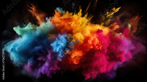 A vibrant explosion of colorful powder bursts against a dark background, creating an impactful and dynamic image.