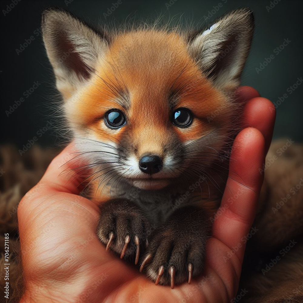 Obraz premium A fox cub held in the hand by people. Nature protection concept. 