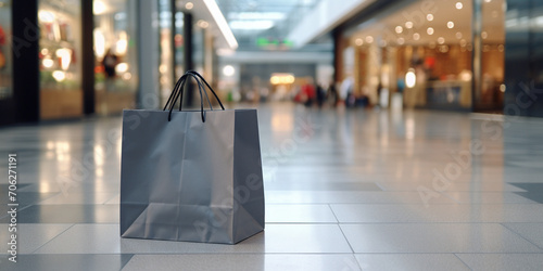 Warm toned image of paper shopping bags on floor in mall with escalator in surface, Paper shopping bags on floor at the mall, A set of colorful shopping bags with handles.  photo