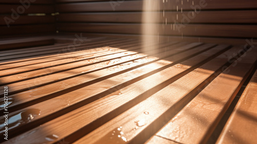 Sunlight filters through the slats of a wooden sauna  creating a warm and inviting atmosphere with a sense of relaxation and wellness.