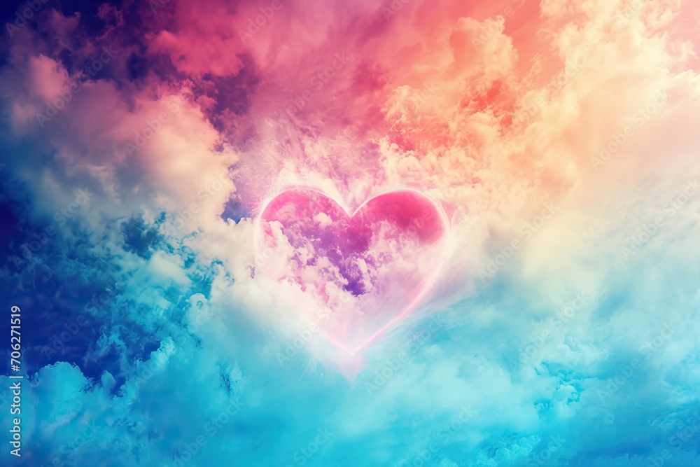 Colorful sky Heart shaped cloud background, valentines day concept