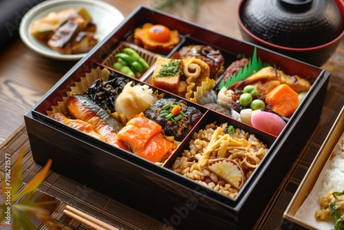 A meticulously arranged bento box filled with a variety of local Japanese delicacies © Veniamin Kraskov