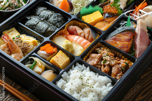 A meticulously arranged bento box filled with a variety of local Japanese delicacies