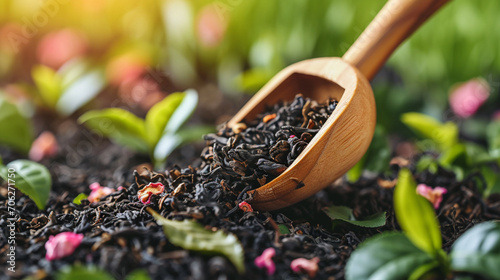 Dry Tea Wallpaper. Wooden Spoon Picks Up Mix Black And Green Tea Leaves. Turkish tea. Background photo