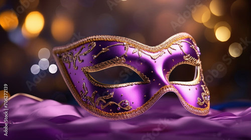 A luxurious Venetian mask adorned with golden decorations and purple fabric, set against a bokeh light background.