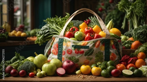 A reusable bag full of fresh fruits and vegetables. Generative AI.